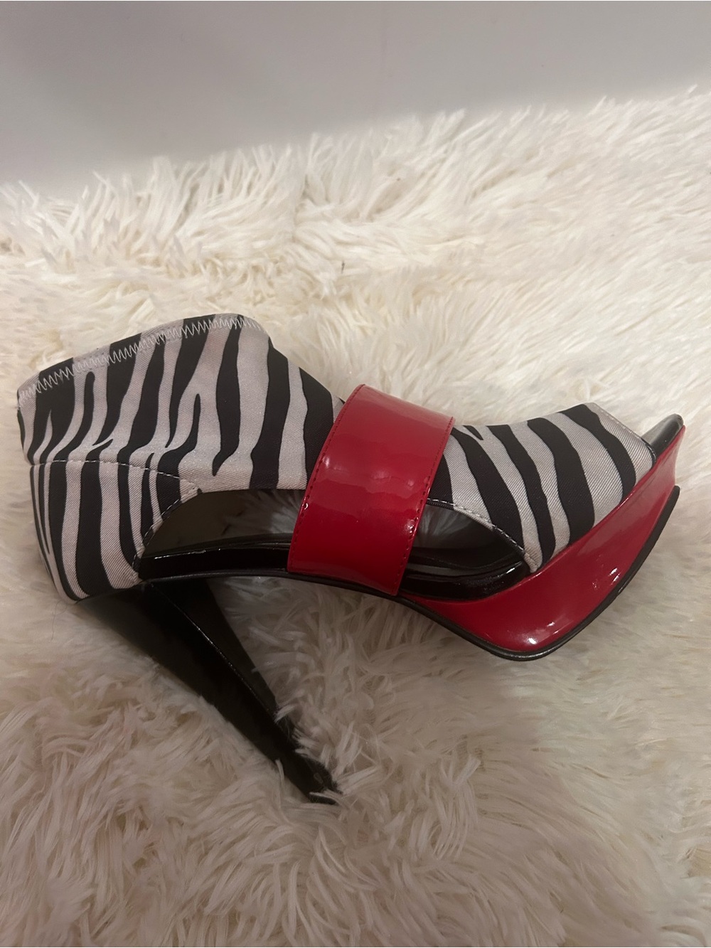 Zebra Print Peep-Toe Heels with Red Patent Accent